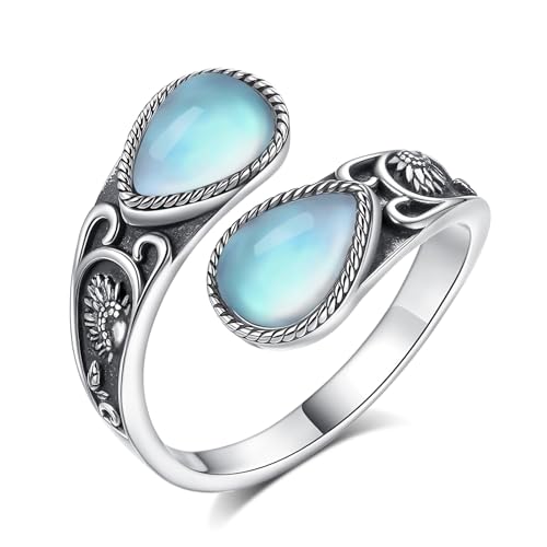 Vito 925 Sterling Silver Adjustable Open Spoon Ring for Women Men, Lotus Sunflower Snake Spoon Band Rings Feather Hug Witches Knot Inspirational Jewelry Gift for Wife - style: Sunflower Moonstonne