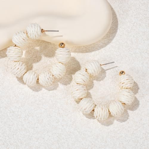 Raffia Hoop Earrings Statement Boho Beaded Earrings Cute Rattan Handmade Colorful Jewelry for Women Unique Summer Outfits - color: Ivory