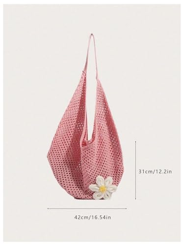 OYOANGLE Women's Floral Applique Crochet Beach Tote Bag Summer Boho Mesh Woven Tote Bag - color: Pink