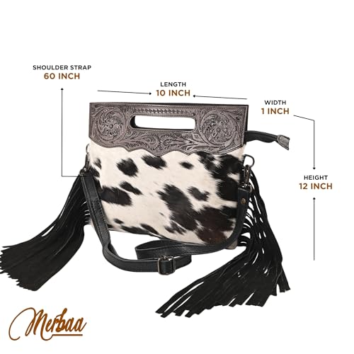 Merbaa Women Natural Cowhide Leather Crossbody Sling Bag With Adjustable Detachable Strap | Shoulder Bag | Handbag - color: Black