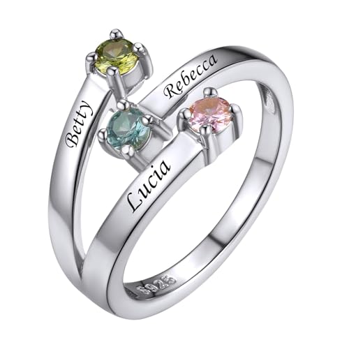 Custom4U Personalized 1-4 Birthstone Rings for Women Promise Rings for Her Sterling Silver Mothers Ring Customized Cubic Zirconia Stones Wedding/Valentine's Day/Mother's Day Jewelry Gift for Mom Wife - color: B-3 Names-silver
