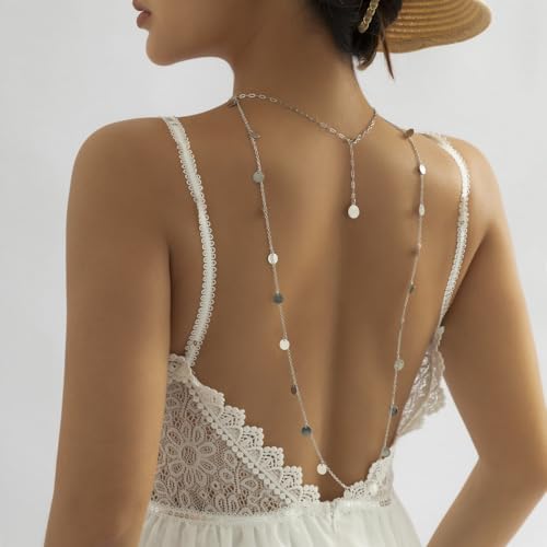 Rhinestone Back Chain Necklace for Women Bridal Wedding Sexy Rhinestone Backdrop Chain Waist Belly Chains Trendy Body Chains Jewelry - style: SilverA