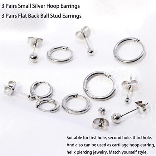 Dainty 6 Pairs Surgical Steel Earrings Sets for Multiple Piercing, Lightweight 14K Gold Plated Small Huggie Hoop Earrings, Flat Back Tiny Ball CZ Stud Earrings for Cartilage, Helix, Lobe, Hypoallergenic - style: Silver- Huggie Hoops and Ball Studs