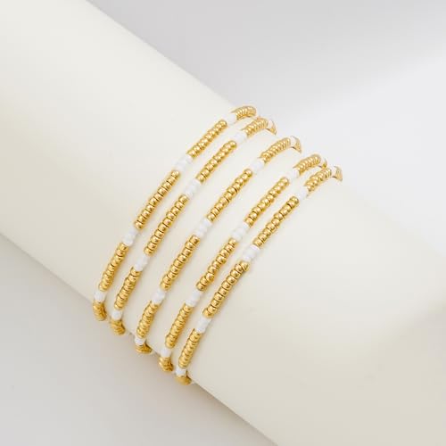 Dainty Gold Plated Pearl Crystal Beaded Bracelets Set for Women 14K Gold Plated Bead Pearl Beads Bracelet Stackable Paperclip Link Chain Bracelets Gold Plated Bracelets for Women Trendy Jewelry - color: Style10-Gold&White 5pcs