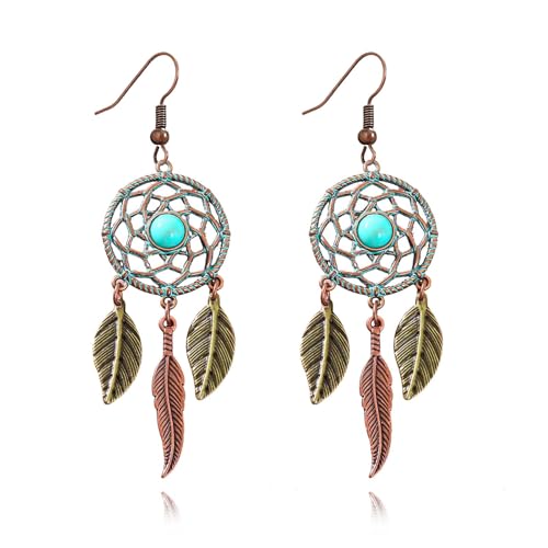 Boho Turquoise Drop Earrings Retro Long Copper Feather Tasse Metal Leaf Dangle Earrings Vintage Country Western Jewelry Cowgirl Ethnic Style Geometric Concert Festival Accessories for Women - color: Dream Catcher Copper