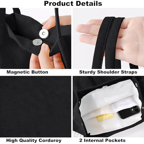 Corduroy Tote Bag for Women Small Canvas Shoulder Purse Cord Handy Bag with Inner Pocket | with Front Pocket - color: 02 Black
