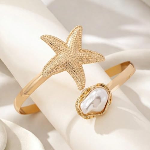 Gold Arm Cuff for Women,Arm Cuff Upper Arm Bracelet Jewelry Minimalist Armband ArmCuffs Bangle Bracelets Summer Beach Accessories - color: Gold Starfish Pearl