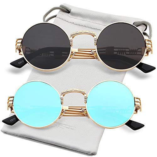 AIEYEZO Round Steampunk Sunglasses for Men Women Retro Circle Hippie Glasses Metal Frame 100% UV Blocking Lens - color: 2 Pack (Gold/Grey, Gold/Ice Blue Mirror)