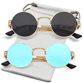 AIEYEZO Round Steampunk Sunglasses for Men Women Retro Circle Hippie Glasses Metal Frame 100% UV Blocking Lens - color: 2 Pack (Gold/Grey, Gold/Ice Blue Mirror)