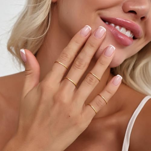 MILACOLATO 1mm Stainless Steel Stacking Rings for Women | Thin 14K Gold Plated Band Rings | Stackable Knuckle Rings Thumb Pinky Midi Rings | Comfort-Fit Size 3/4/5/6/7/8/9 - color: 7pcs Gold Tone,Size 3-9