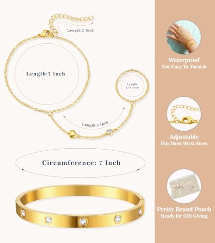 doubgood Gold Bracelets for Women, 5 Piece 14K Gold Plated Bracelet Stack Beaded Ball Jewelry Sets Gifts for Women - color: Style 6-Gold Hand Chain+Bangle