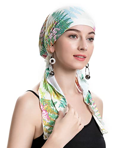 ZLYC Chemo Headwear Pre Tied Head Scarf Headwraps Lightweight Turban Beanie Cap for Women - color: Leaves Beige