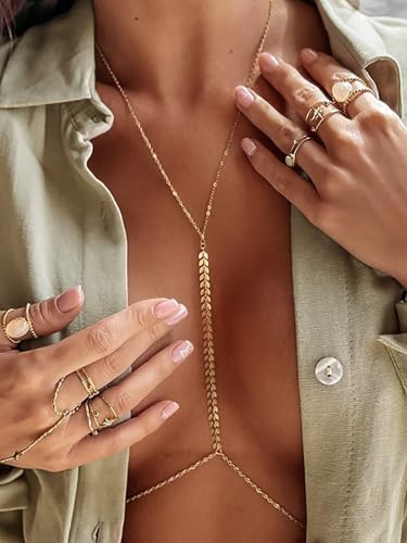 MODRSA Gold Body Chain Jewelry for Women Back Necklace for Backless Dress Backdrop Pearl Rhinestone Belly Chain Waist Chains Bra Chains Lingerie Summer Bikini Bodychain Trendy Sexy Stomach Jewelry - color: A2- body chain chest -gold
