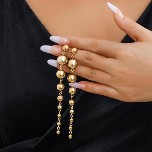 Dainty Gold Beaded Ball Dangly Earrings for Women, Statement Simple Silver Round Beads Long Tassel Drop Dangle Earring Party Prom Accessories Jewelry Gift - color: Gold