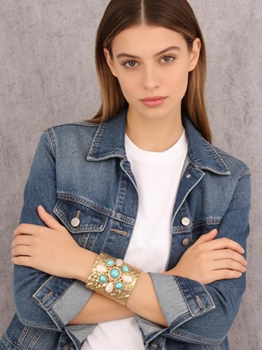 Gold Cuff Bracelet for Women Silver Beaded Bracelets Open Bangle Stackable Stretch Bead Bracelet Boho Jewelry Gifts for Wife Couple - style: Chunky Arm Cuffs