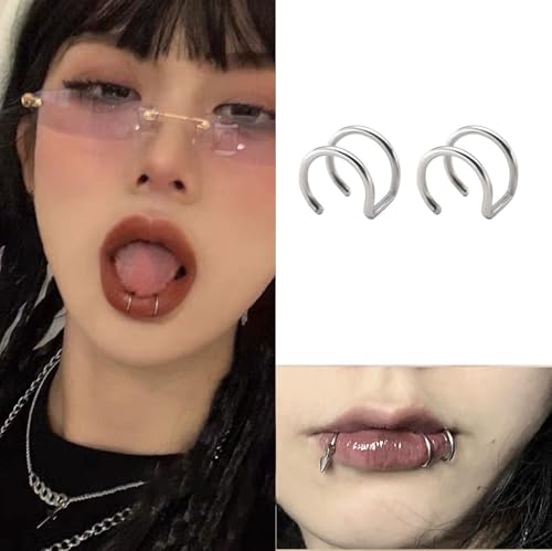 2Pcs Stainless Steel Non Piercing Fake Lip Rings Helix Conch Cartilage Earrings Minimalist Double Hoops Ear Cuffs Earring Fake Body Piercing Jewelry