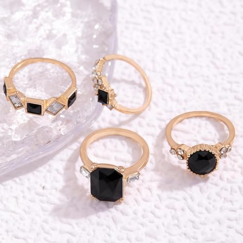 Black Obsidian Ring Stackable Gold Tone Oval Black Stone Statement Ring for Women Party Date Night Jewelry Gift - color: A3:black obsidian rings