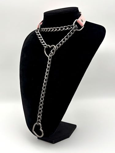 Black Leather Choker Collar For Women, Handmade Heart Slip Chain Choker Long Necklace with Adjustable Buckle - color: B-Pink-Black-Black, size: 18''chain