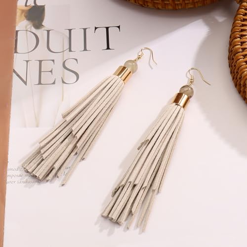 Coiris Boho Leather Layered Tassel Earrings for Women Lightweight Leather Fringe Dangle Earrings Handmade Bohemian Summer Beach Western Drop Earrings for Women - color: Beige