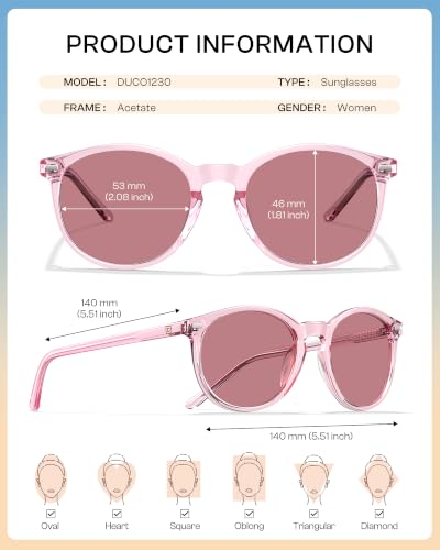 DUCO Women's Trendy Retro Round Acetate Polarized Sunglasses, UV400 99% Glare Block, Lightweight for Daily & Outdoor - color: 7. Pink Frame Purple Lens
