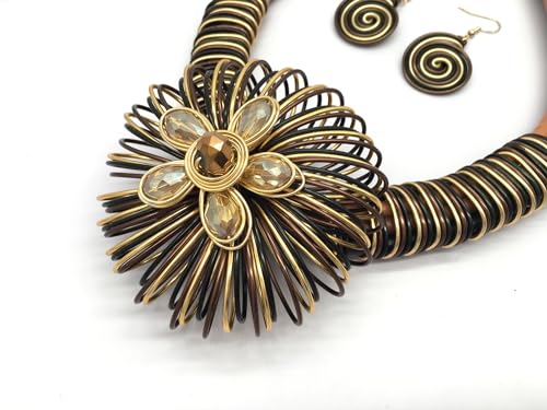Statement African Necklace For Women African Jewelry Costume Earring Sets Tribal Fashion Colorful Big Rhinestone Crystal Pendent Collar Choker Bold Chunky Bib Handmade - color: Flower Brown