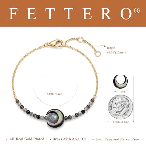 Fettero Beaded Bracelets for Women Charm Natural Stone Handmade Beads White Gold Plated Dainty Gold Bracelets Non Tarnish Boho Summer Beach Vacation Jewelry - color: Black-Moon