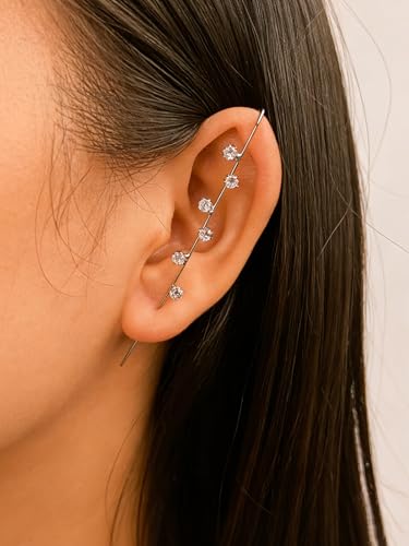 Ear Wrap Hook Earrings for Women Fashion Ear Cuff Crawler Earrings Silver Gold Long Piercing Crystal Curve Style Earring Stick Ear Wrap Earring Rhinestone Trendy Jewelry Gifts - color: six rhinestone-silver