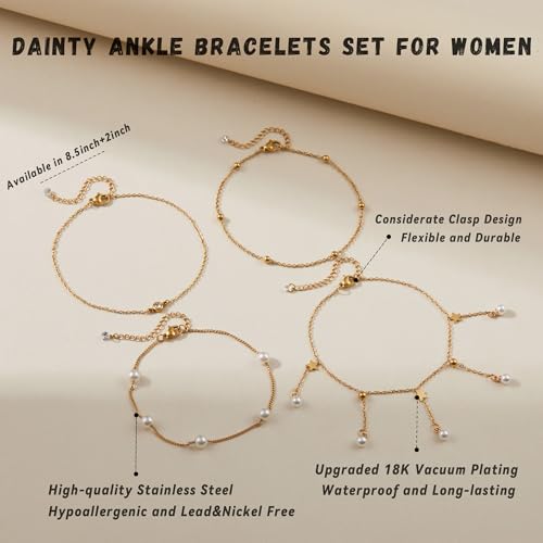 LOFITOR Ankle Bracelets for Women Glitter Waterproof Adjustable Anklet Set for Women 18K Gold Plated Silver Charm Dainty Layered Anklets, Summer Beach Anklet Jewelry for Women - style: Pearl Gold