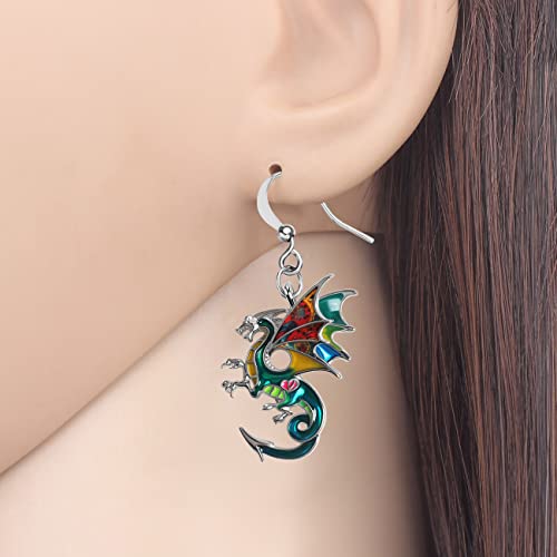 Enamel Alloy Dinosaur Fantasy Dragon Earrings Drop Dangle Unique Animal Jewelry For Women Dragons Gifts - color: Emerald Green