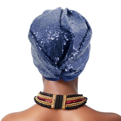 Erinaco Women Sparkle Sequin African Turban Bow Knot Pre-Tied Cap Pleated Ruffle Bonnet Beanie Hat Headwrap Skull Caps - color: Sparkle Navy Blue