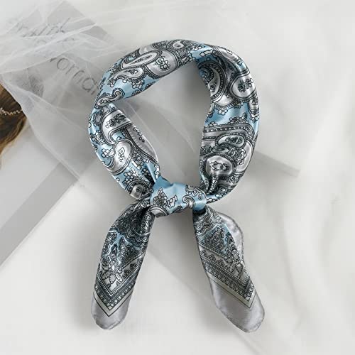 QBSM Womens 23.6 inch Satin Silk Feeling Formal Square Neck Scarf Head Hair Wraps Kerchief - color: Cashew Flowers-blue