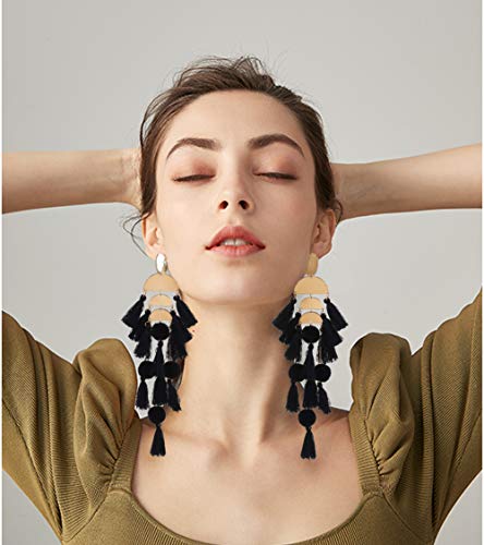 Long Tassel Earrings for Women Colorful Fringe Drop Dangle Earrings Bohemian Hawaiian Summer Beach Jewelry for Womens Vacation Outfits - color: Black