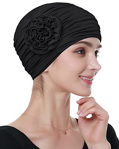 Alnorm Flower Design Chemo Hair Loss Caps Cancer Headwear for Women - color: Black