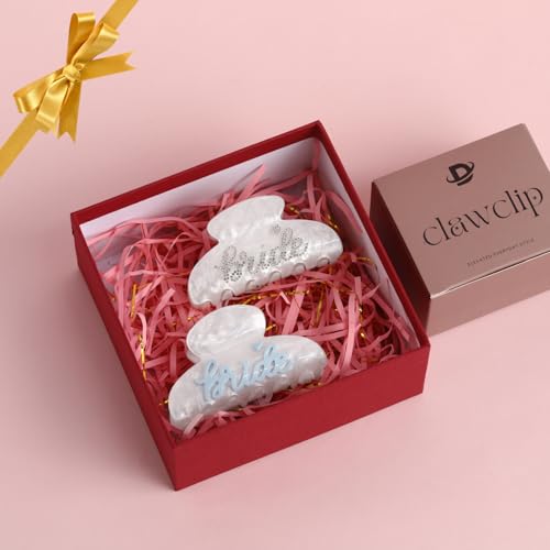 2PCS Bride Hair Clips for Women – Blue Letter Hair Accessories with Rhinestone, Bachelorette Party Bridal Shower Gifts, Trendy Handmade Look Unique Wedding Claw Clips - color: Bride Pink and White