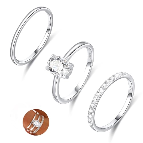 Sterling Silver Ring for Women, 4PCS Thin Stackable Rings Cubic Zirconia Thumb Ring Set Engagement Statement Wedding Bands for Women Size 5-10 - color: 3PCS CZ SET, size: 10 (Circum 61.9mm)