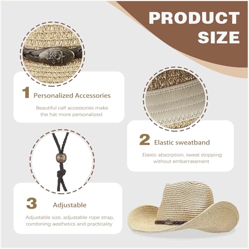 Straw Cowboy Hats Western Cowgirl Hat for Holiday Woven Beach Sun Hat with Shapeable Wide Brim Cowboy Hat for Women/Men - color: Beige