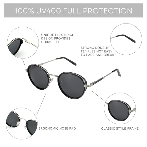 ZENOTTIC Retro Round Polarized Steampunk Sunglasses for Men Women-Circle Vintage Design Metal Frame UV400 Shades - color: C03 Silver Frame Grey Lens