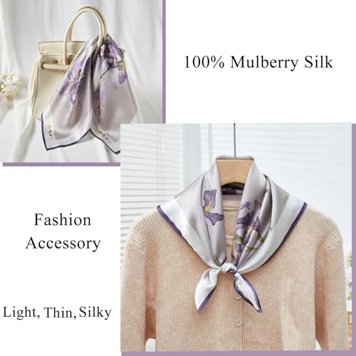100% Mulberry Silk Neck Scarf 21''x21'' Small Square Hair Scarf for Women Men Lightweight Bandana Envelope Package - color: Floral- Purple
