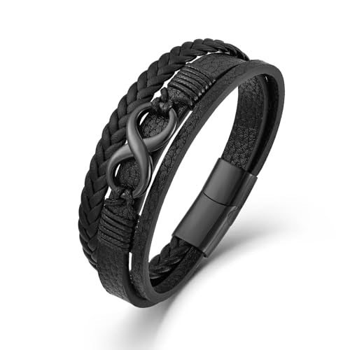 Men's Leather Infinity Bracelet Stainless Steel Number 8 Wristband Cuff Bangle Bracelets Gifts for Men, 8.3 & 9.1 inches - color: 03.Three-layers leather & black infinity, size: 8.3inch(Fits most wrists.)