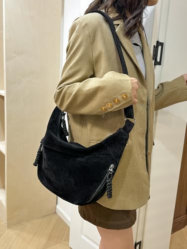 Women's Crescent Crossbody Bag – Large Capacity Suede Sling Bag, Travel Shoulder Bag for Women, Tote Purse - color: Black