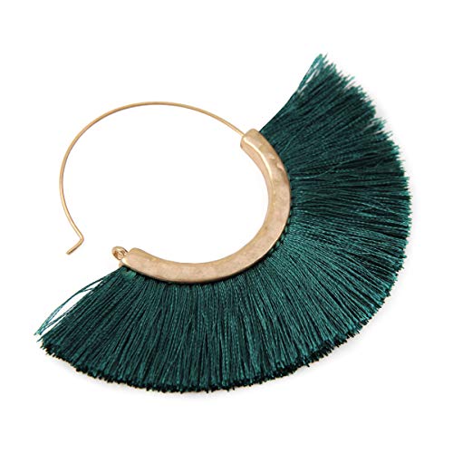 Bohemian Silky Thread Tassel Strand Fringe Statement Hoop Earrings - Lightweight Semi Circle Fan Threader, Mermaid Hoops - color: Halfmoon Tassel Hoops - Teal