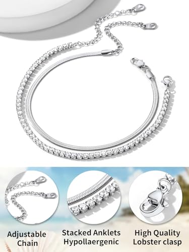 ChainsHouse Ankle Bracelets for Women, Stainless Steel Chain Anklets Waterproof, Women Summer Beach Jewelry Gift, Come with Box - color: 05. 2pcs-(3mm)-CZ Snake-Steel