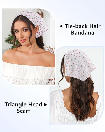 AWAYTR 3Pcs Hair Bandanas Head Kerchief for Women Girls Tie-Back Boho Hair Scarf Headband Bandana Triangle Head Scarf - color: Red Grid + Strawberry + Flowers