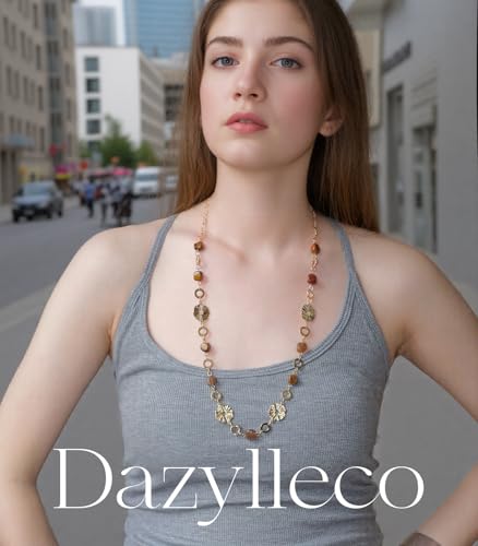 Long Gold Necklaces for Women Dainty Natural Stone Beaded Gold Necklace Mothers Day Gifts Boho Gold Costume Jewelry for Women - color: Brown