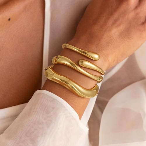 Gold Bracelets for Women Trendy, 18K Gold Plated Bangle Bracelet Set Chunky Twist Cuff Gold Bracelet Non Tarnish Waterproof Jewelry Gifts for Women - color: Gold-3PCS