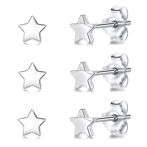 3 Pairs 925 Sterling Silver Star Stud Earrings for Women,Tiny Simple Geometric Stud Earrings Set Small Hypoallergenic Cartilage Tragus Ear Jewellery for Men (3/4/5mm) - color: 05 Silver-3 Pairs-4mm