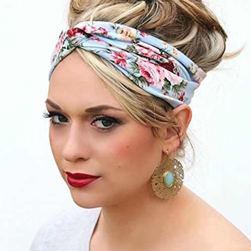 DRESHOW 6 Pack Boho Cotton Non-Slip Headbands for Women Girls Yoga Workout Running Knotted Turban Floral Elastic Head Wrap - color: 6 Pack Cross Flower Printed a