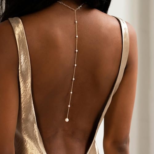 Silver Gold Back Necklace Back Jewelry for Backless Dress Pearl Backdrop Necklace Long Body Chain for Backless Dress Sexy Dainty Elegant Body Chain Jewelry Women Prom Party Anniversary - style: A1- All pearl - gold