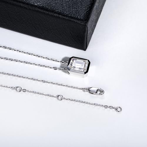 Moissanite 0.5-3ct Necklaces 18K White Gold Plated 925 Sterling Silver Bezel Set Round Cut D Color VVS1 Lab Created Diamond Solitaire Pendant Necklace for Women Men GRA Certified - style: Bezel Set Emerald Cut