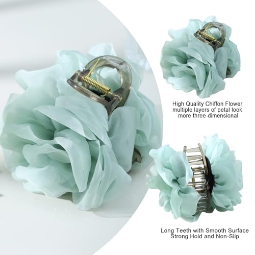 Large Chiffon Rose Flower Hair Claw Clips Boho Mesh Floral Hair Pins Barrettes Strong Hold Non-Slip Beach Vacation Hair Accessories for Women (Green Rose Flower Hair Clips) - color: Green Rose Flower Hair Clips